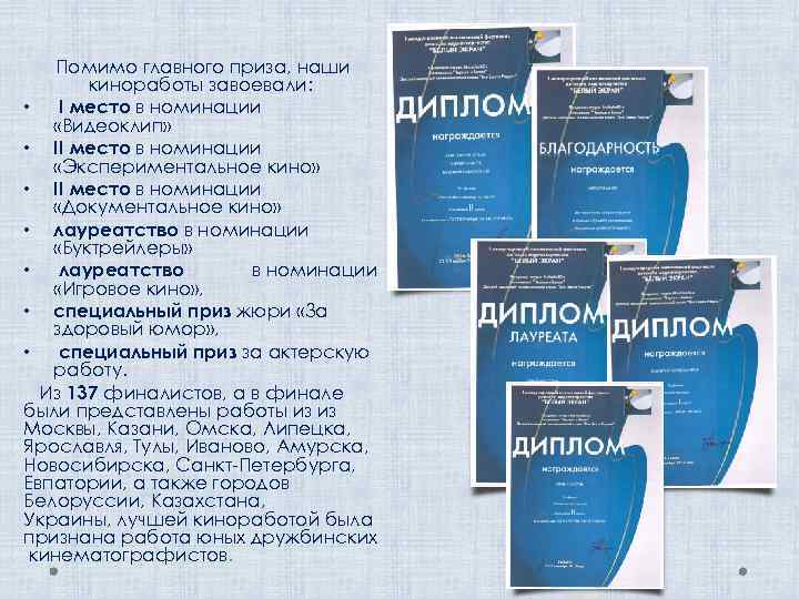 Помимо главного приза, наши киноработы завоевали: • I место в номинации «Видеоклип» • II