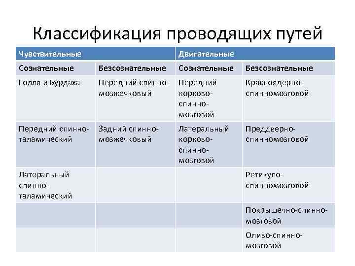 Классификация проводящих путей Чувствительные Двигательные Сознательные Безсознательные Голля и Бурдаха Передний спинномозжечковый Передний корковоспинномозговой