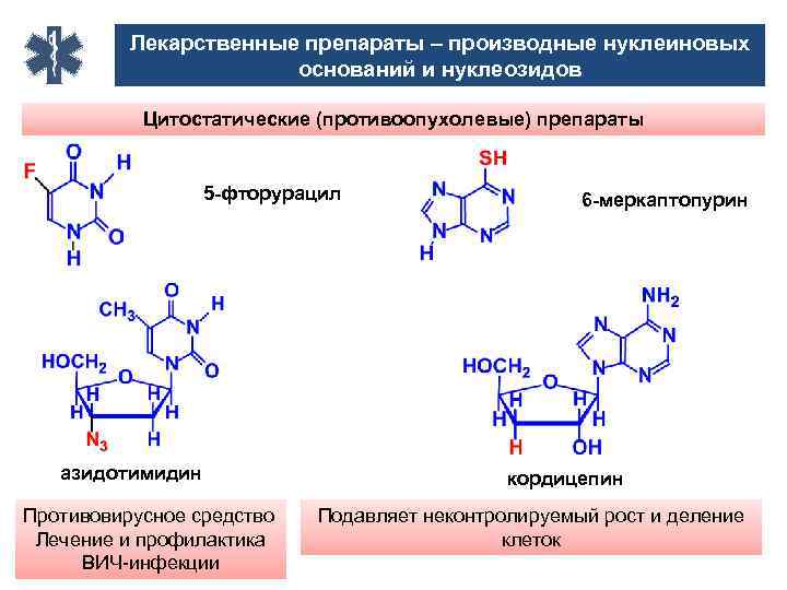 Лекарственные препараты – производные нуклеиновых оснований и нуклеозидов Цитостатические (противоопухолевые) препараты 5 -фторурацил азидотимидин