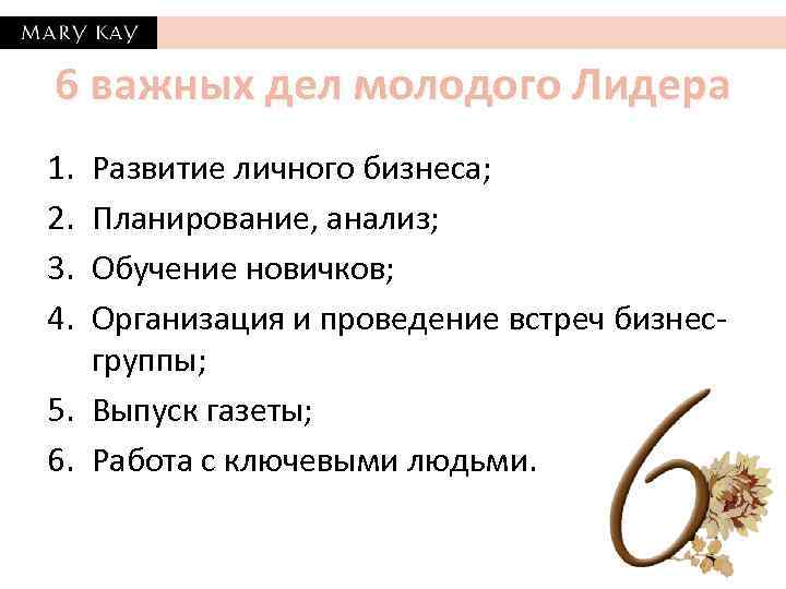 6 важных дел молодого Лидера 1. 2. 3. 4. Развитие личного бизнеса; Планирование, анализ;