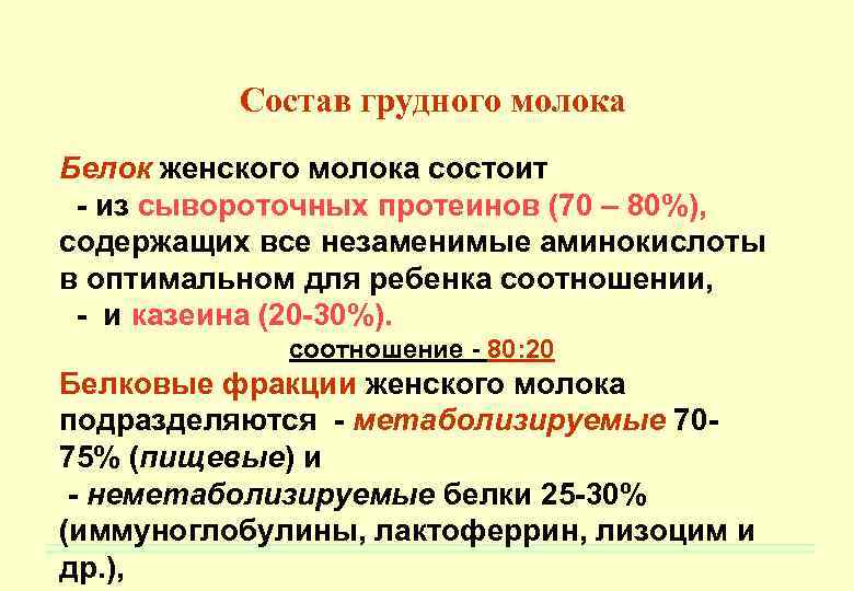 Состав грудного молока Белок женского молока состоит - из сывороточных протеинов (70 – 80%),