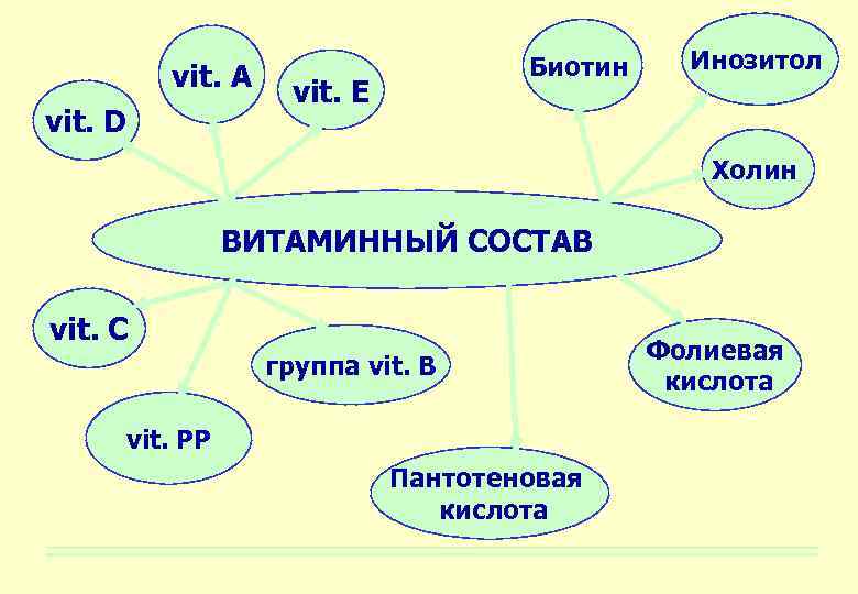 vit. A vit. D Биотин vit. E Инозитол Холин ВИТАМИННЫЙ СОСТАВ vit. C группа