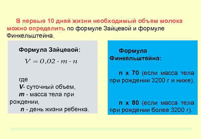 В первые 10 дней жизни необходимый объем молока можно определить по формуле Зайцевой и