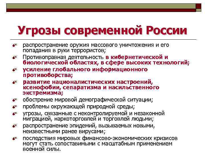 Угрозы современной России M M M M M распространение оружия массового уничтожения и его