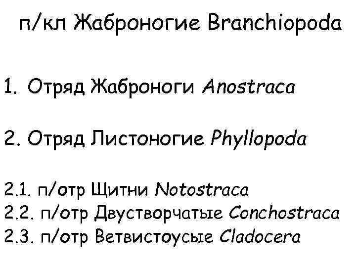 п/кл Жаброногие Branchiopoda 1. Отряд Жаброноги Anostraca 2. Отряд Листоногие Phyllopoda 2. 1. п/отр