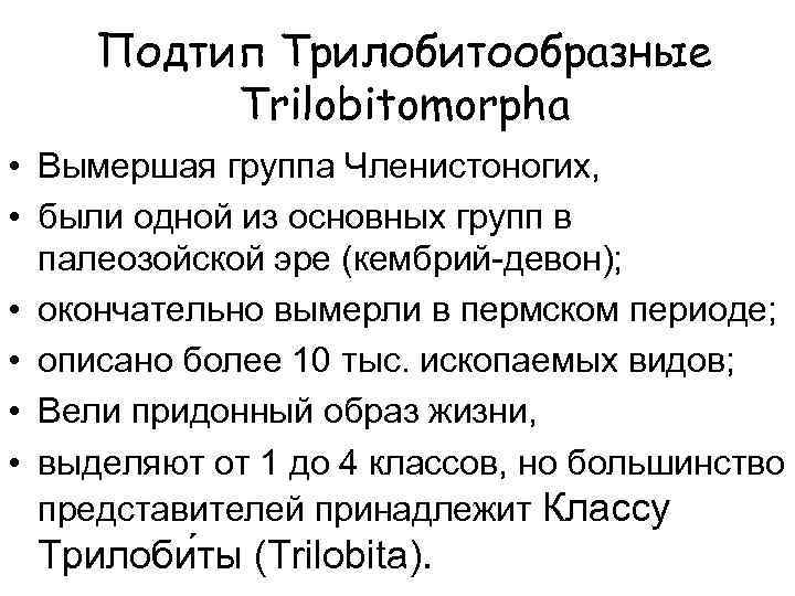 Подтип Трилобитообразные Trilobitomorpha • Вымершая группа Членистоногих, • были одной из основных групп в