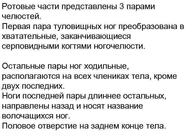 Ротовые части представлены 3 парами челюстей. Первая пара туловищных ног преобразована в хватательные, заканчивающиеся