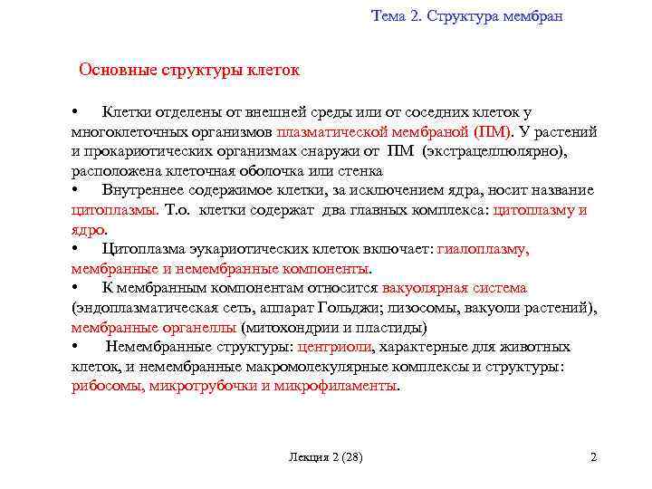 Тема 2. Структура мембран Основные структуры клеток • Клетки отделены от внешней среды или