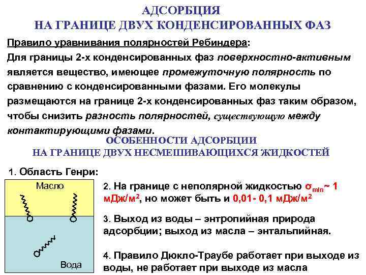 АДСОРБЦИЯ НА ГРАНИЦЕ ДВУХ КОНДЕНСИРОВАННЫХ ФАЗ Правило уравнивания полярностей Ребиндера: Для границы 2 -х