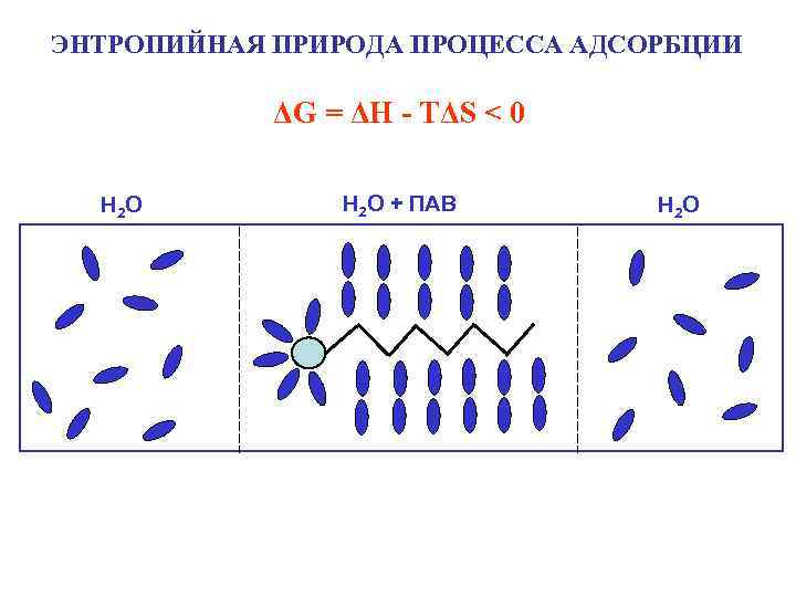 ЭНТРОПИЙНАЯ ПРИРОДА ПРОЦЕССА АДСОРБЦИИ ΔG = ΔH - TΔS < 0 H 2 O