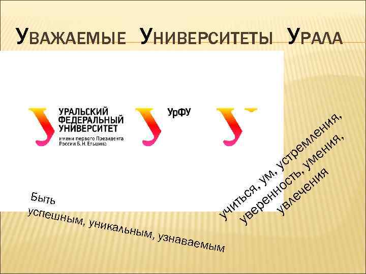 УВАЖАЕМЫЕ УНИВЕРСИТЕТЫ УРАЛА Быть успеш н ым, ун икальн ым, уз я, ни ,