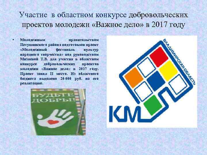 Участие в областном конкурсе добровольческих проектов молодежи «Важное дело» в 2017 году • Молодежным