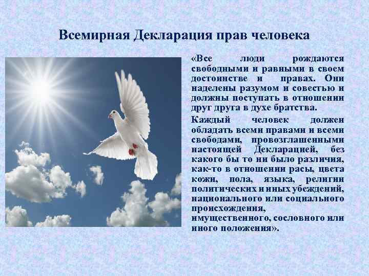 Всемирная Декларация прав человека «Все люди рождаются свободными и равными в своем достоинстве и