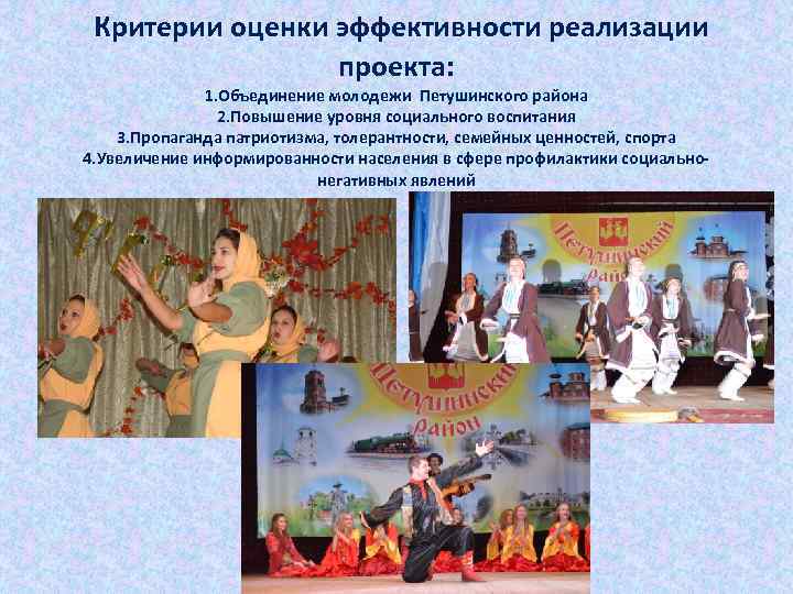  Критерии оценки эффективности реализации проекта: 1. Объединение молодежи Петушинского района 2. Повышение уровня