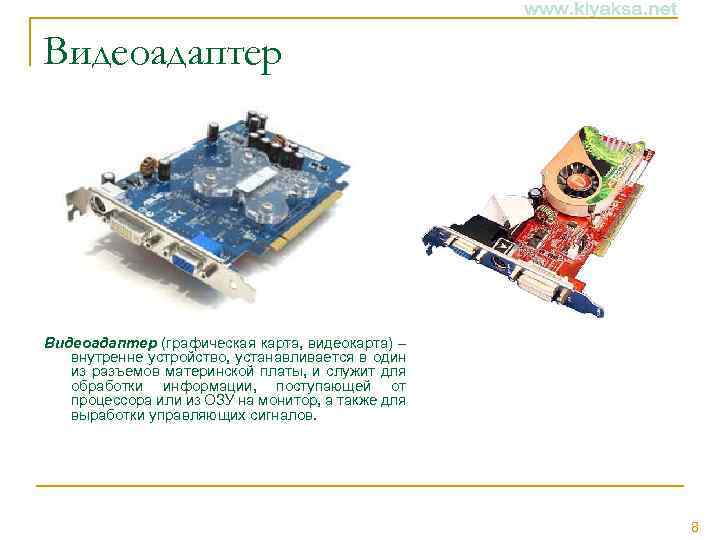 Видеоадаптер (графическая карта, видеокарта) – внутренне устройство, устанавливается в один из разъемов материнской платы,