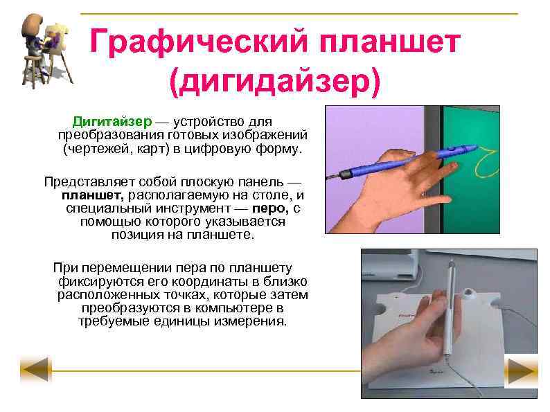 Графический планшет (дигидайзер) Дигитайзер — устройство для преобразования готовых изображений (чертежей, карт) в цифровую