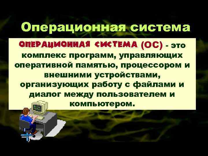 Операционная система (ОС) - это комплекс программ, управляющих оперативной памятью, процессором и внешними устройствами,