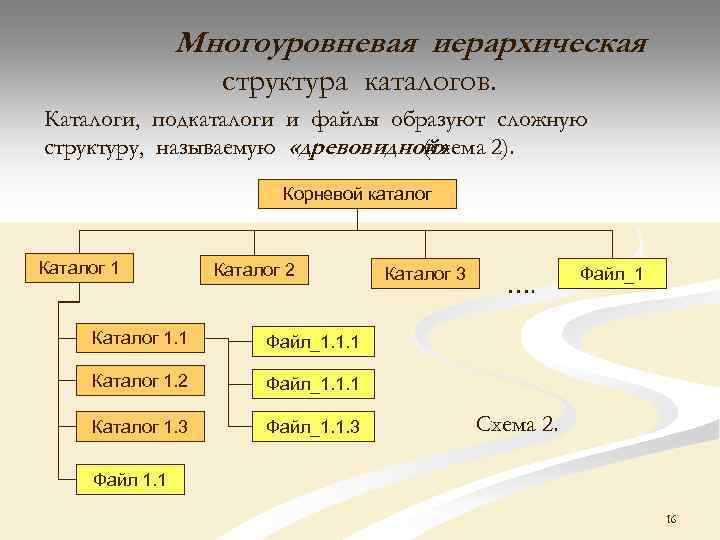 Назовите структуру. Иерархическая структура каталогов. Древовидная структура каталога. Каталог и подкаталог. Многоуровневая иерархическая структура.