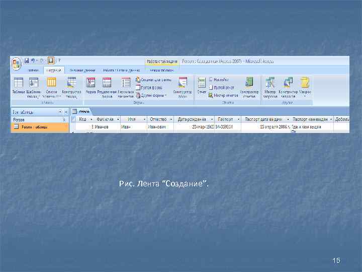 Рис. Лента “Создание”. 15 