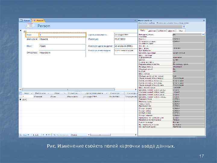 Рис. Изменение свойств полей карточки ввода данных. 17 