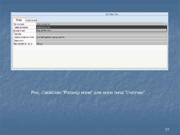Рис. Свойство “Размер поля” для поля типа “Счетчик”. 24 