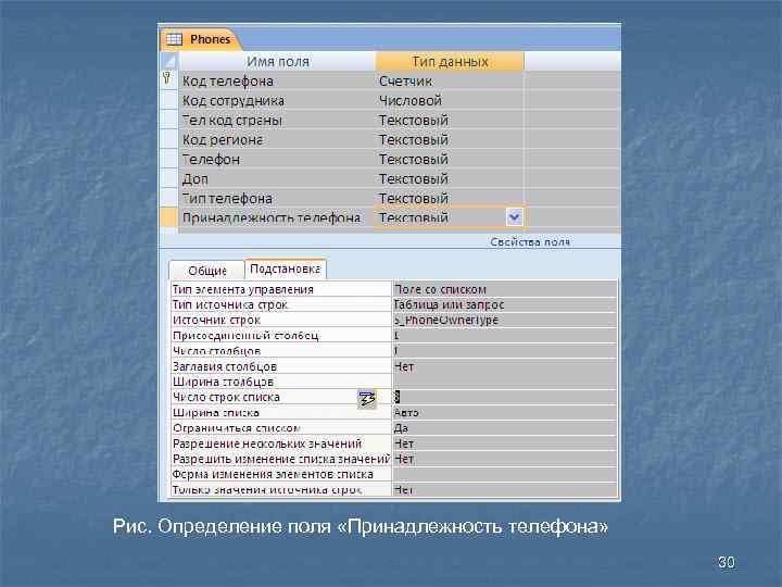 Рис. Определение поля «Принадлежность телефона» 30 