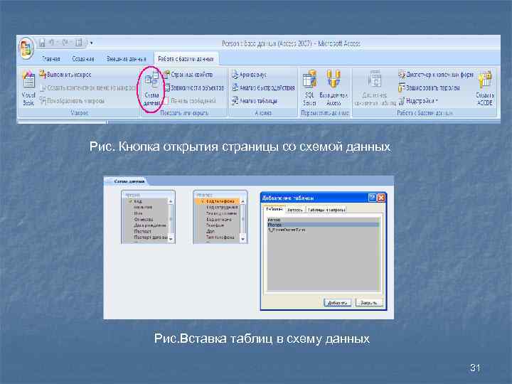 Рис. Кнопка открытия страницы со схемой данных Рис. Вставка таблиц в схему данных 31