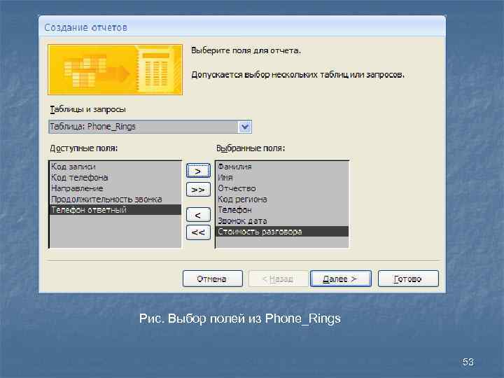 Рис. Выбор полей из Phone_Rings 53 