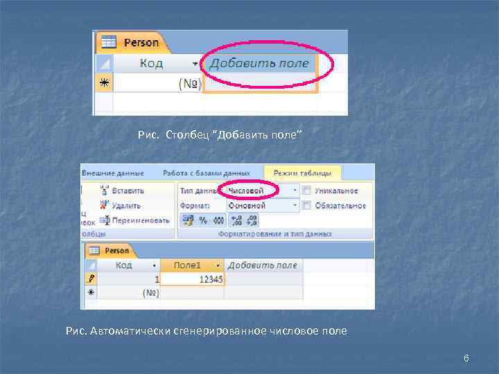 Рис. Столбец “Добавить поле” Рис. Автоматически сгенерированное числовое поле 6 