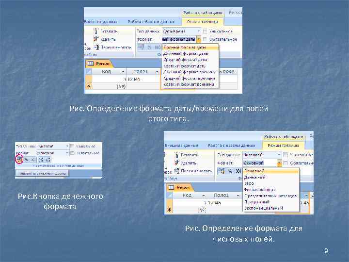 Рис. Определение формата даты/времени для полей этого типа. Рис. Кнопка денежного формата Рис. Определение
