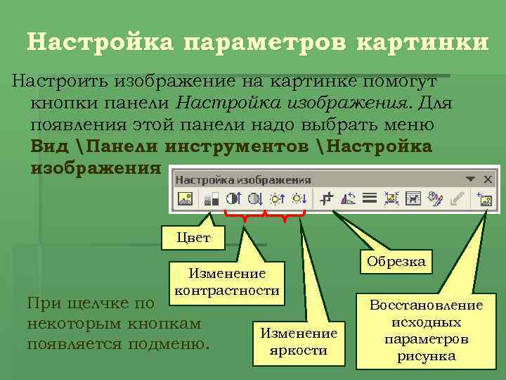 Настройка параметров картинки Настроить изображение на картинке помогут кнопки панели Настройка изображения. Для появления