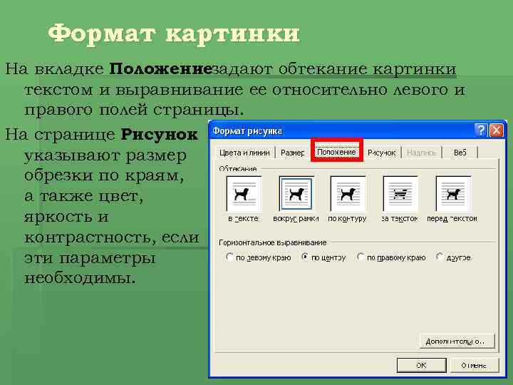 Формат картинки На вкладке Положениезадают обтекание картинки текстом и выравнивание ее относительно левого и