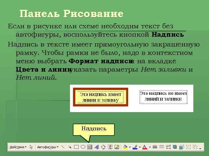 Панель Рисование Если в рисунке или схеме необходим текст без автофигуры, воспользуйтесь кнопкой Надпись