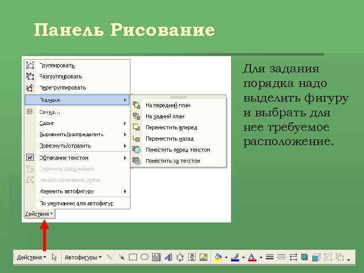 Панель Рисование Для задания порядка надо выделить фигуру и выбрать для нее требуемое расположение.