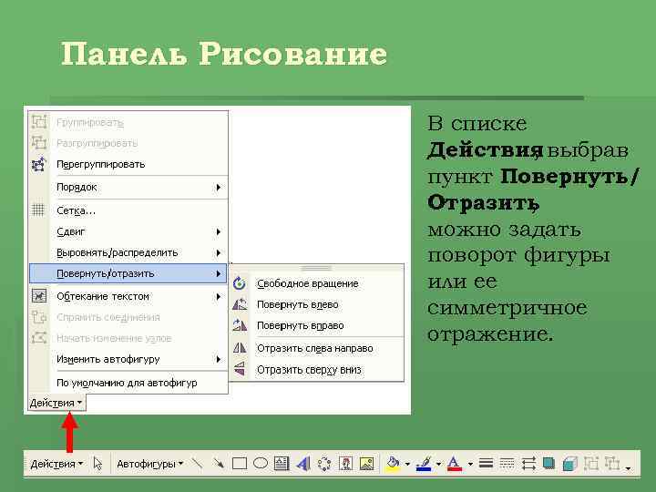 Панель Рисование В списке Действия выбрав , пункт Повернуть/ Отразить , можно задать поворот