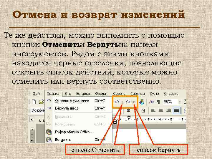 Отмена и возврат изменений Те же действия, можно выполнить с помощью кнопок Отменить Вернутьна
