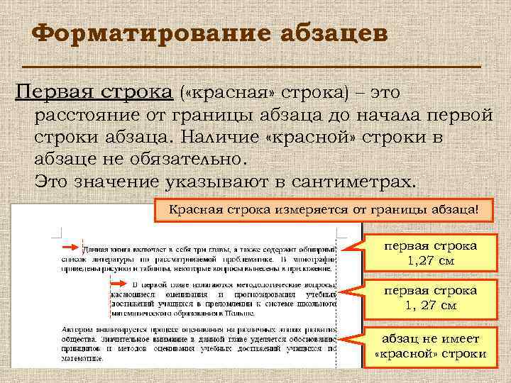 Форматирование абзацев Первая строка ( «красная» строка) – это расстояние от границы абзаца до