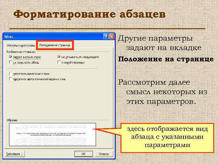 Форматирование абзацев Другие параметры задают на вкладке Положение на странице Рассмотрим далее смысл некоторых