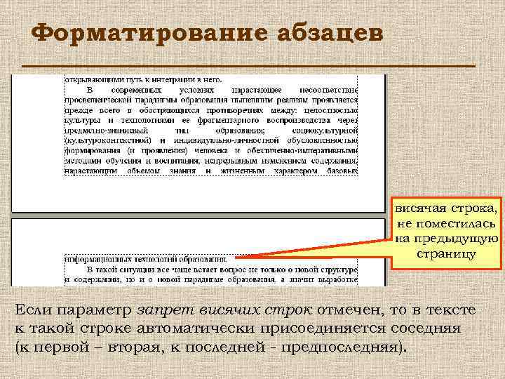 Форматирование абзацев висячая строка, не поместилась на предыдущую страницу Если параметр запрет висячих строк