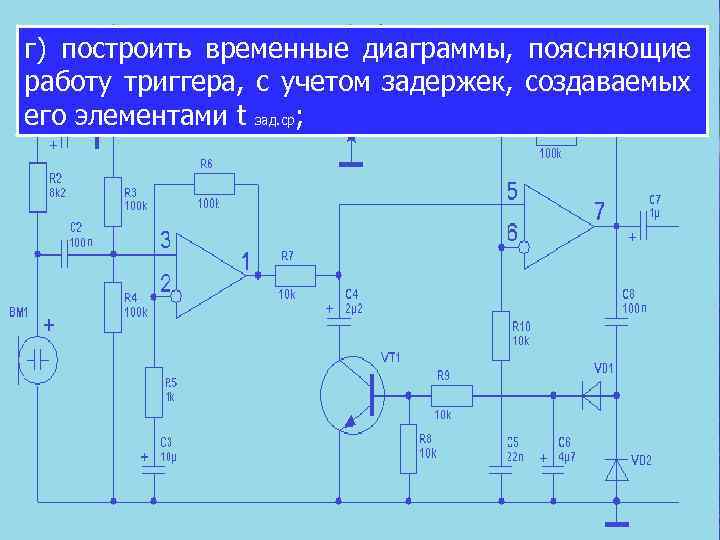 г) построить временные диаграммы, поясняющие работу триггера, с учетом задержек, создаваемых его элементами t