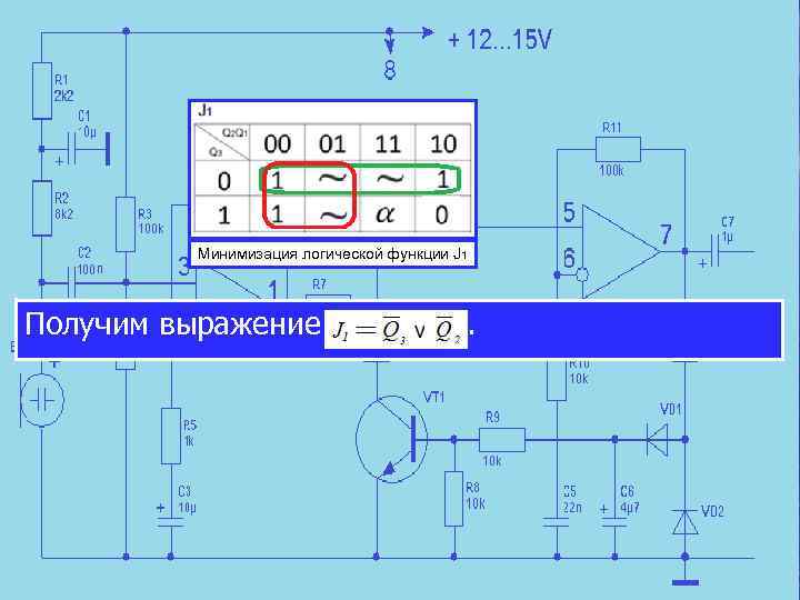 Минимизация логической функции J 1 Получим выражение . 