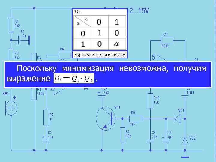 Карта Карно для входа D 1 Поскольку минимизация невозможна, получим выражение. 