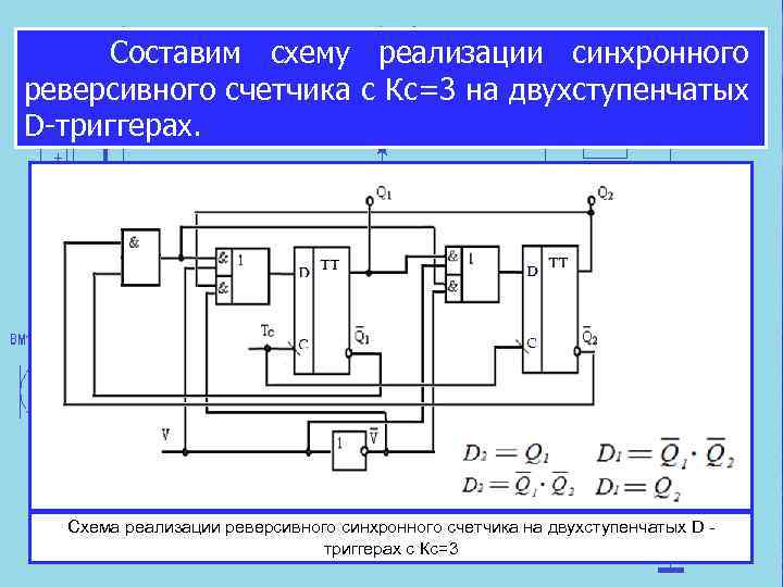 Составим схему реализации синхронного реверсивного счетчика с Кс=3 на двухступенчатых D-триггерах. Схема реализации реверсивного