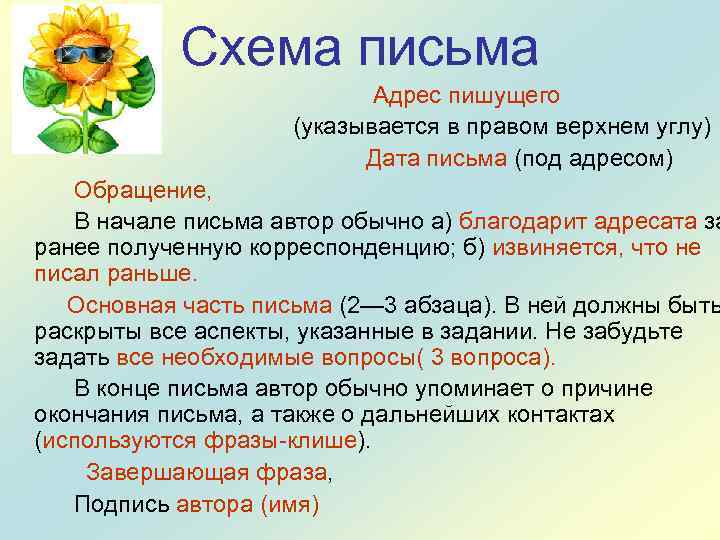 Схема письма Адрес пишущего (указывается в правом верхнем углу) Дата письма (под адресом) Обращение,