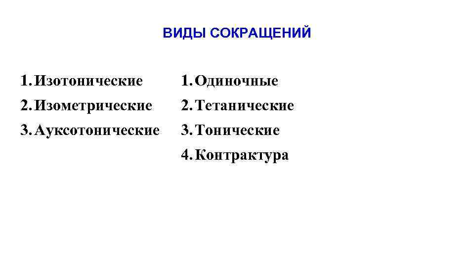 ВИДЫ СОКРАЩЕНИЙ 1. Изотонические 1. Одиночные 2. Изометрические 2. Тетанические 3. Ауксотонические 3. Тонические