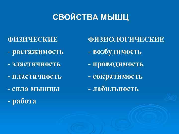 СВОЙСТВА МЫШЦ ФИЗИЧЕСКИЕ ФИЗИОЛОГИЧЕСКИЕ - растяжимость - возбудимость - эластичность - проводимость - пластичность