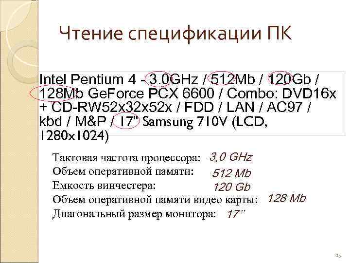 Чтение спецификации ПК Intel Pentium 4 - 3. 0 GHz / 512 Mb /