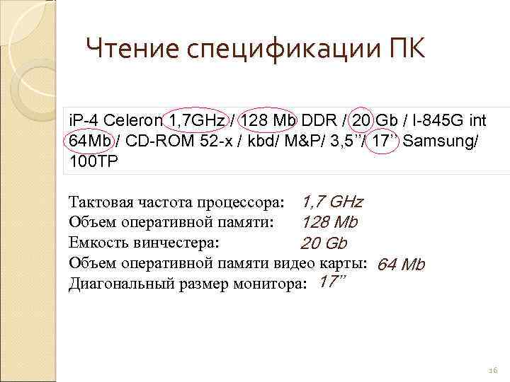 Чтение спецификации ПК i. P-4 Celeron 1, 7 GHz / 128 Mb DDR /