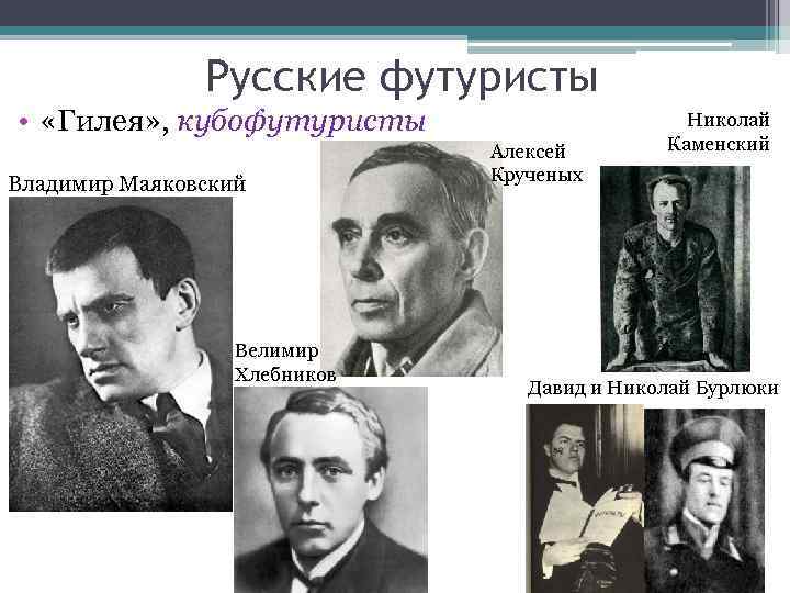 Русские футуристы • «Гилея» , кубофутуристы Владимир Маяковский Велимир Хлебников Алексей Крученых Николай Каменский