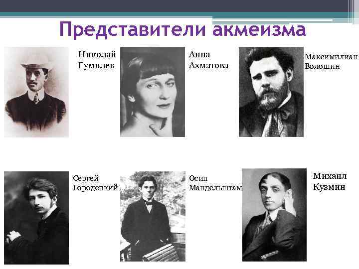 Представители акмеизма Николай Гумилев Сергей Городецкий Анна Ахматова Осип Мандельштам Максимилиан Волошин Михаил Кузмин